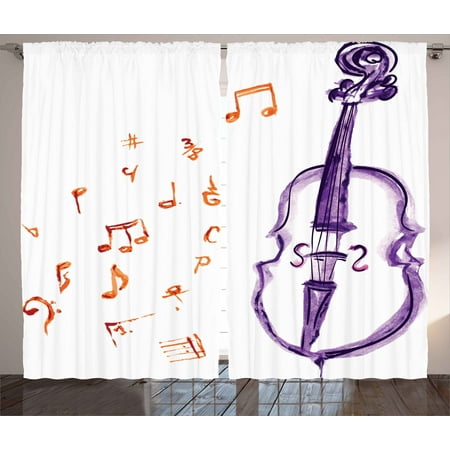 music decor curtains 2 panels set, musical notes instrument violin cello  watercolor based white backdrop print, window drapes for living room  bedroom,