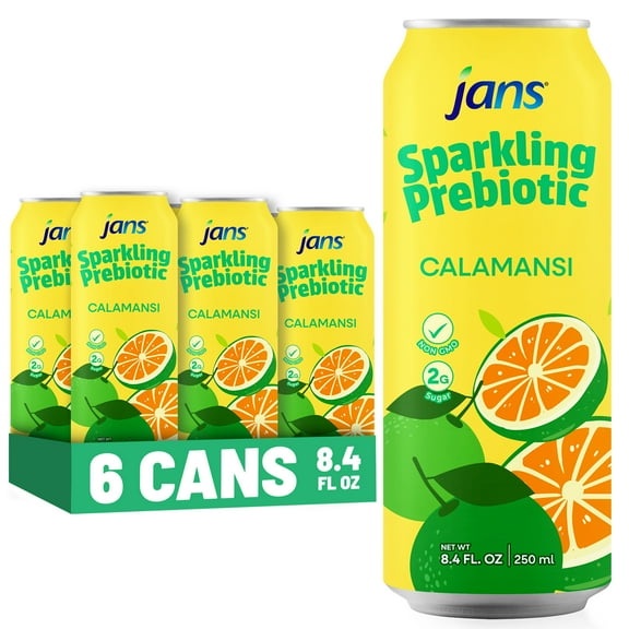 Jans Sparkling Prebiotic Soda Beverage, 8.4 oz Cans – Low Calorie, No Added Sugar – Non-GMO Sparkling Fruit Beverage – Gut Health Support – Naturally Refreshing (6-Pack, Calamansi)
