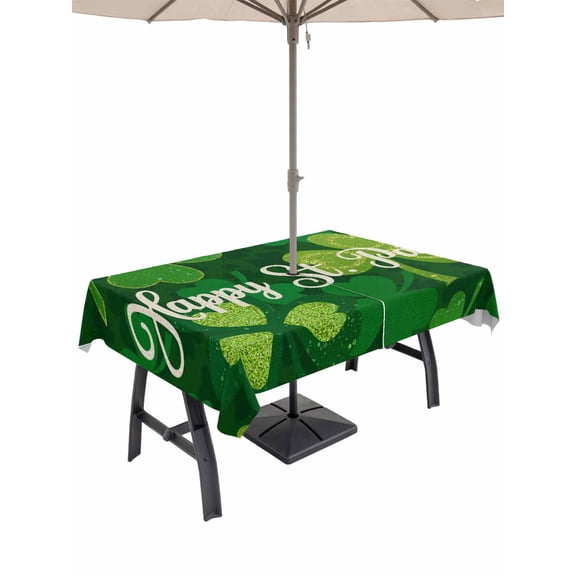 Outdoor Tablecloth with Umbrella Hole and Zipper, St.Patrick's Day Rectangle Table Cloth 60x120 Inch Waterproof Tablecloth, Watercolor Green Shamrock Spring Leaves Picnic Table Cover for Patio