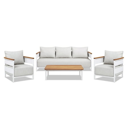 Jennifer Taylor Home Rhodes 4pc Upholstered Teak & Aluminum Outdoor Patio Conversation Set Birch Gray Chenille
