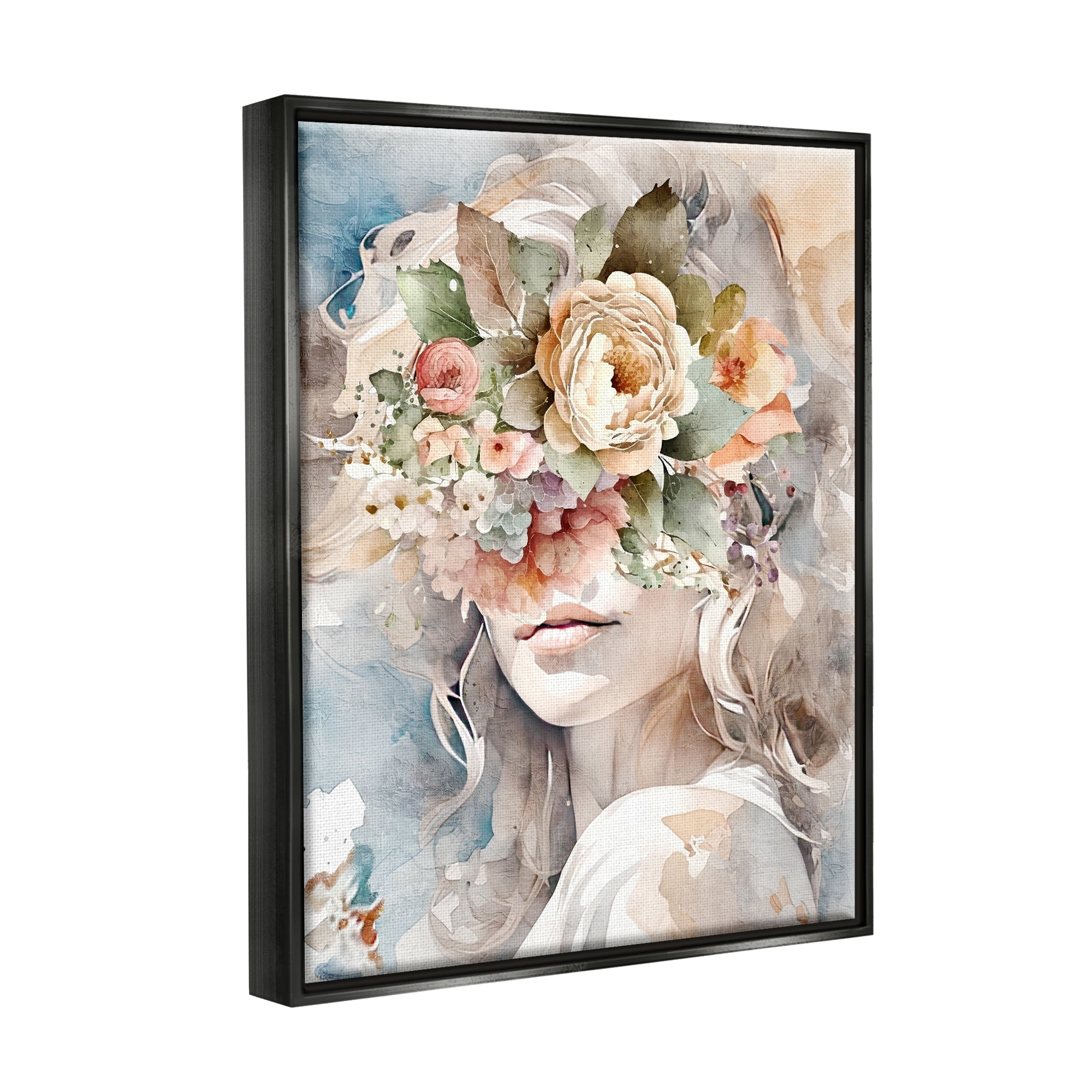 Stupell Industries Floral Portrait of Girl Botanical & Floral Painting Black Floater Framed Canvas Art Print Wall Art, 25 x 31