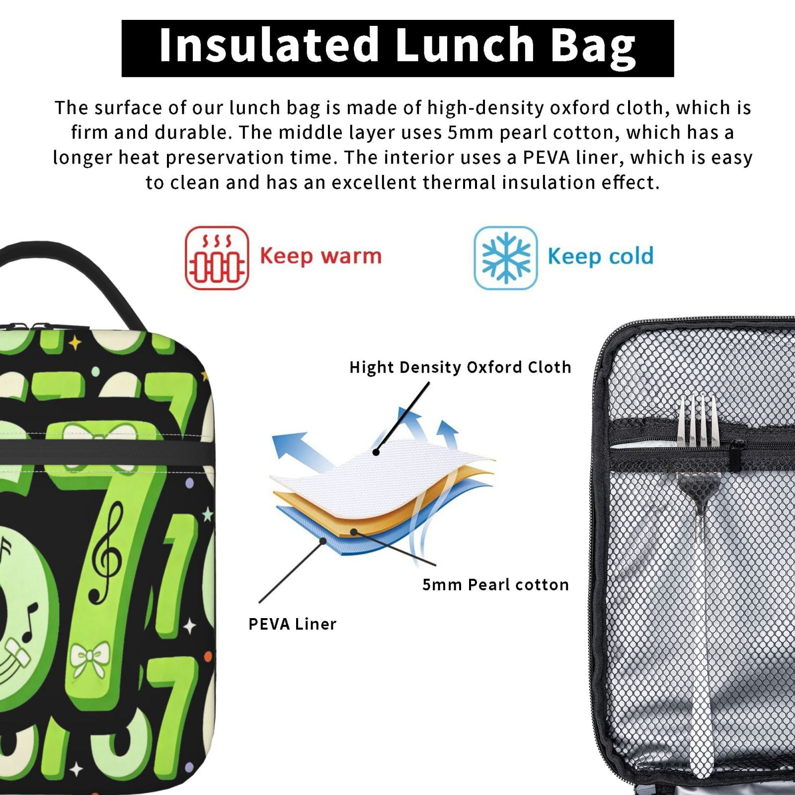 Lunch Bag For Women Men Insulated Portable Lunch Box Bento Box Office Picnic Travel Cooler Bag Number 67 Musical Note