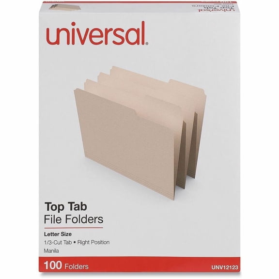 File Folders, 1/3 Cut Third Position, One-Ply Top Tab, Letter, Manila, 100/Box -UNV12123