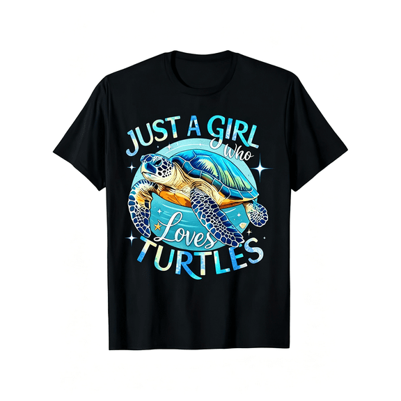 Just A Girl Who Loves Turtles Cute Blue Sea Turtle Beach Ocean Graphic T-Shirt, Animal Lover Summer Vacation Casual Tee For Girls & Women