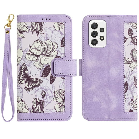 Allytech Galaxy A33 5G Wallet Case Cover, Flower Pattern PU Leather Shoulder Strap Hand Wrist Flip Cover for Girls Women Stand Protective Wallet Case for Samsung Galaxy A33 5G - Purple