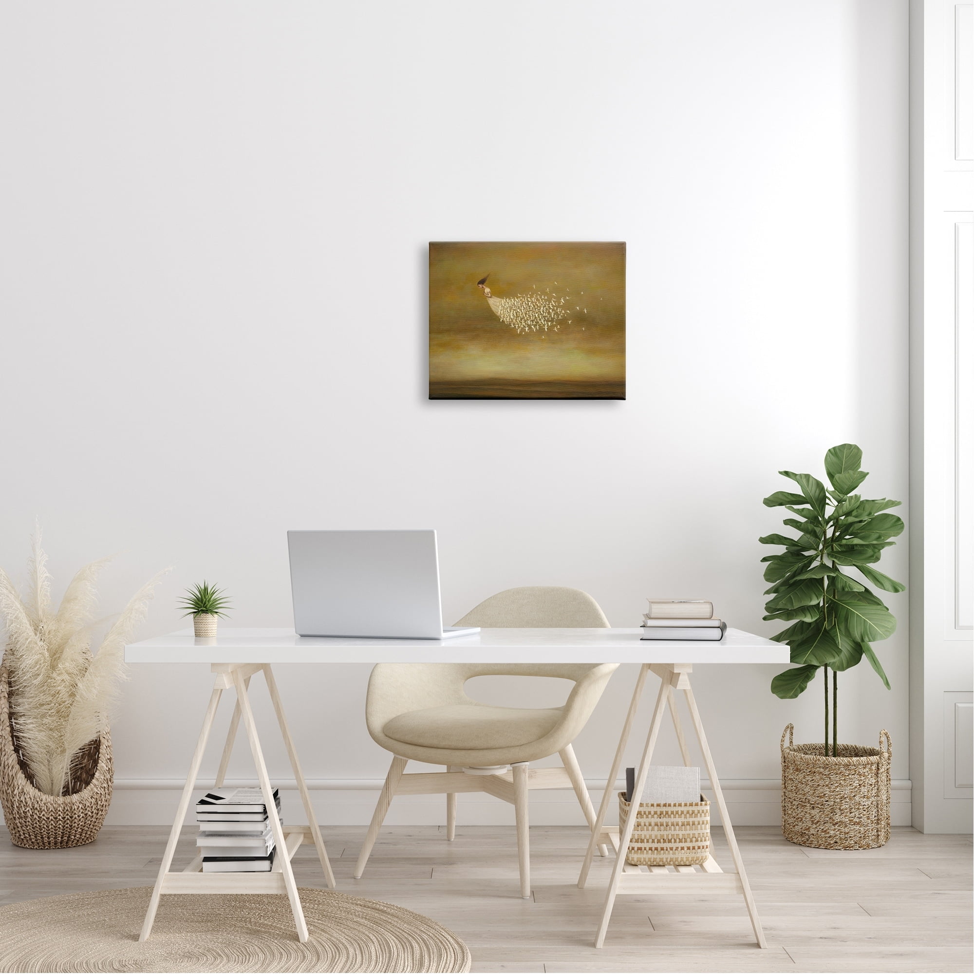 Elegant Woman Flying Doves Birds Dress Ochre Sky Animals & Insects Painting Gallery-Wrapped Canvas Print Wall Art