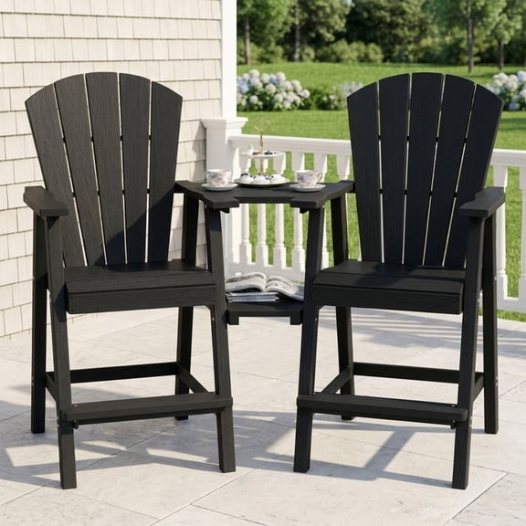 Harweb Tall HDPE Adirondack Chairs Set of 2 w/ Removable Table for Patio, Black