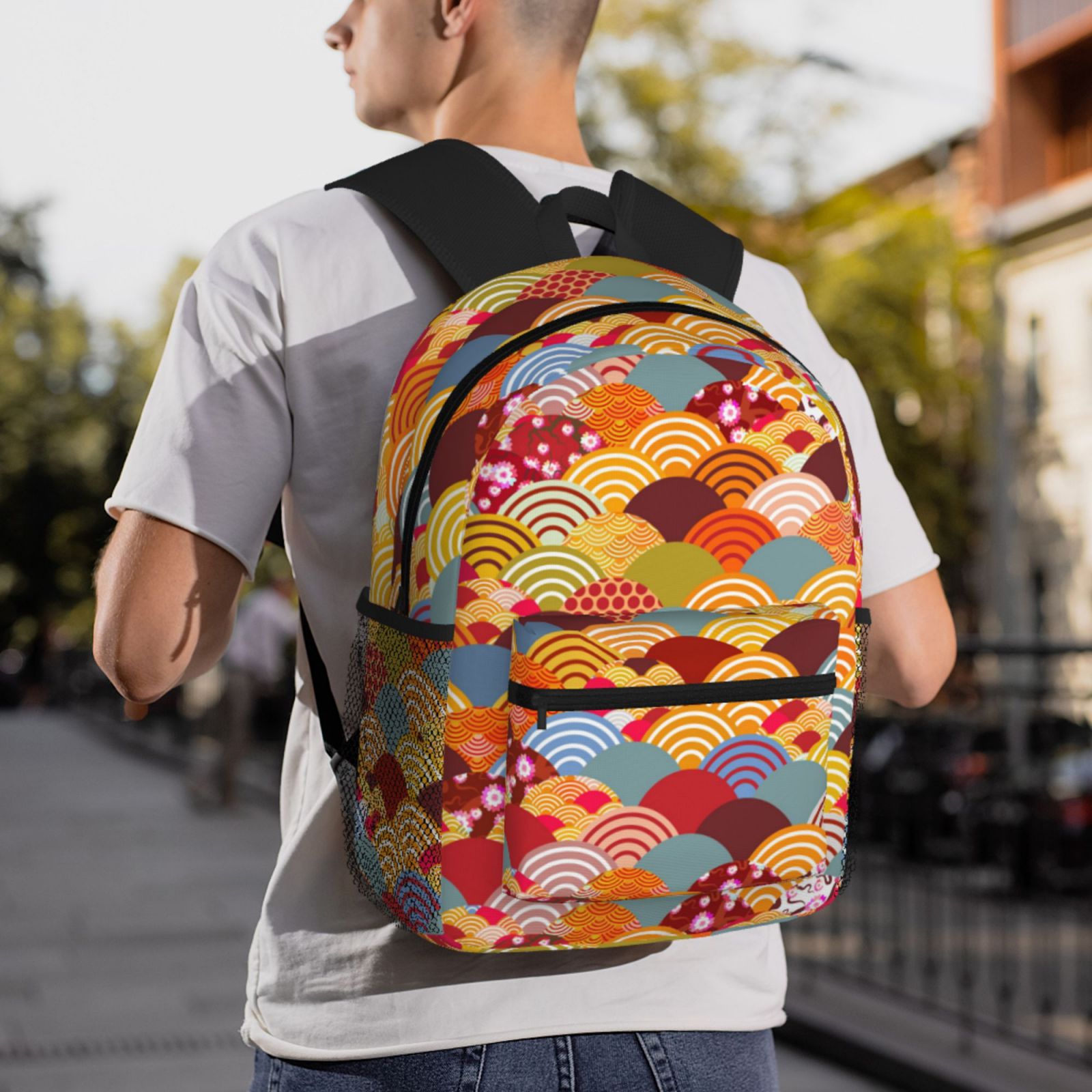 Gukieu Japanese Style Fish Scales Print Backpack, Waterproof Backpack with Adjustable Shoulder Straps, Suitable for Campus, Business, Travel, Unisex