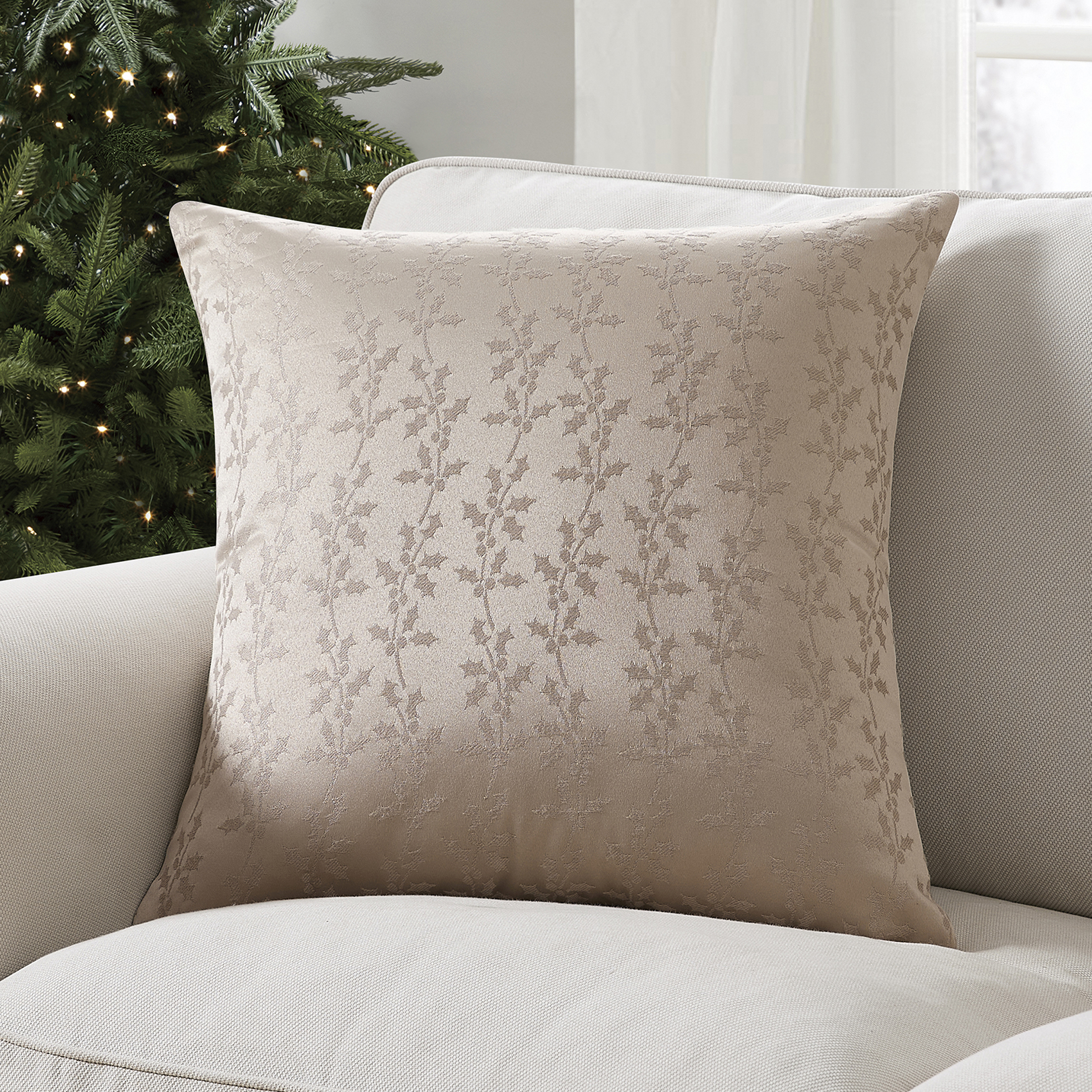 My Texas House Molly 20" x 20" Taupe Jacquard Holly Decorative Pillow Cover