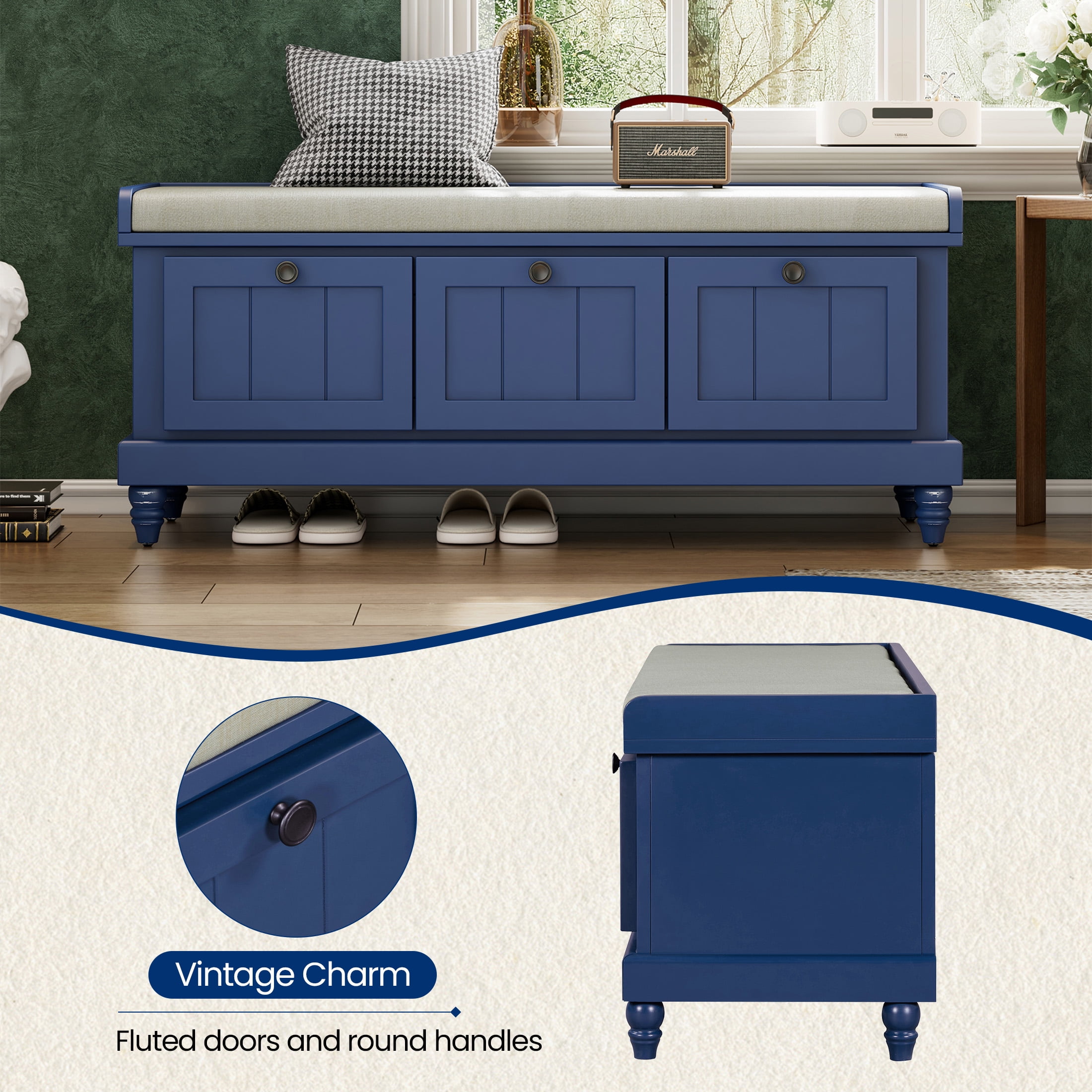 Aukfa Upholstered Storage Bench with 3 Drawers, Flip-Open Storage Box for Entryway, Hallway, Mudroom, Navy
