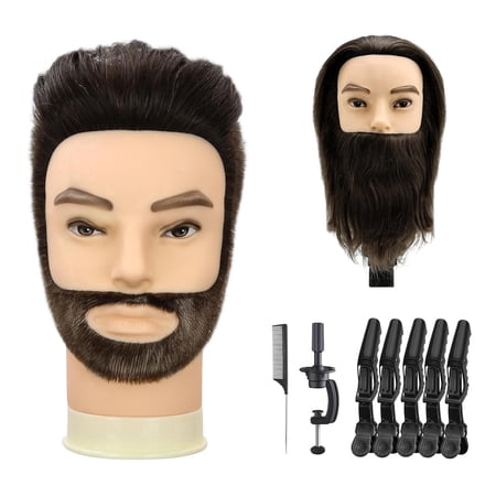 LAJOLLIA Barber Mannequin Head, 8" Male Mannequin Head 100% Real Human Hair with Beard, Professional Training Doll Manikin Head for Practicing Hair Cutting and Styling, Black