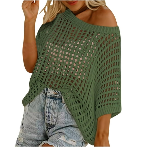 Womens Y2K Crochet Fishnet Long Sleeve Top Off the Shoulder Sweatshirts Going Out Oversized Knitted Sweater Cover Up Lightweight Baggy Hollow Out Pullover Tops Knitwear