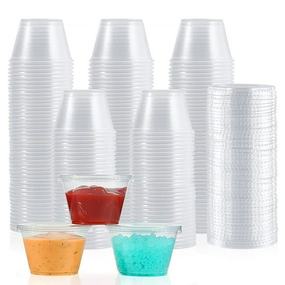 JUNWELL 50 Pack Disposable Plastic Portion Cups with Lids Small Plastic Condiment Containers for Sauce 3 oz Jello Shot Cups Souffle Cups