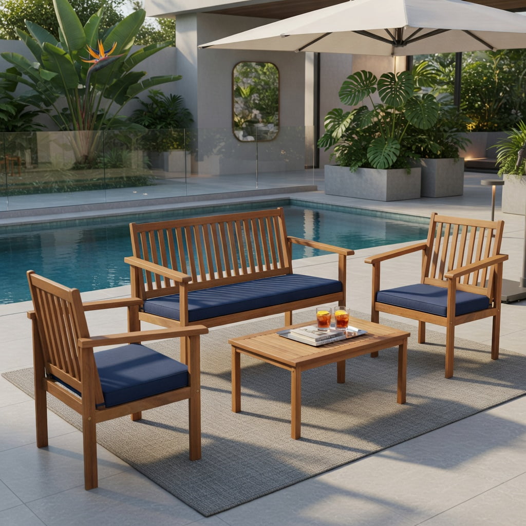 Hommoo 4-Piece Acacia Wood Patio Furniture Set, Cushioned Loveseat, 2 Chairs, Coffee Table for Backyard, Poolside & Porch, Navy
