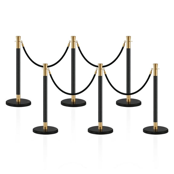 6 Pack Black Gold Stanchions with 4 Black Velvet Ropes, Crowd Control Barriers with Sand Weighted Bases, Stainless Steel Posts for Wedding, Party, Event, Theater Queue Line