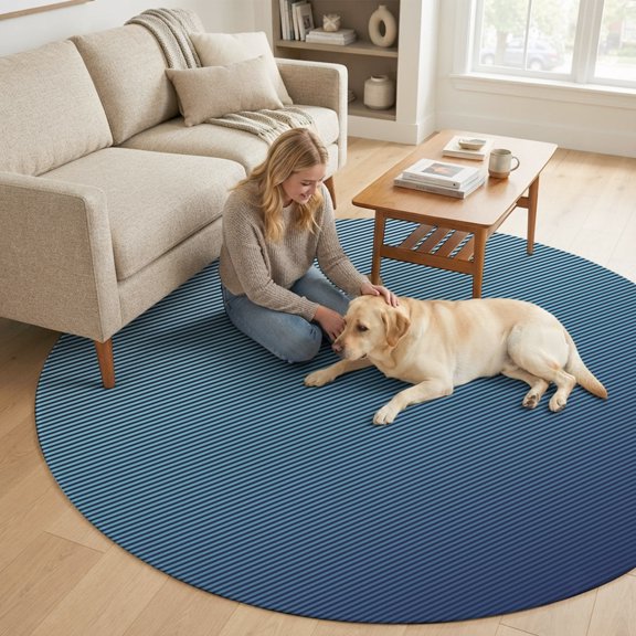 Blue Stripe 6FT Round Area Rugs for Living Room Modern Abstract Minimalist Linear Gradient Lines Ultra-Thin Non-Slip Round Rugs Washable Low Pile Circle Carpet for Bedroom Kitchen Nursery