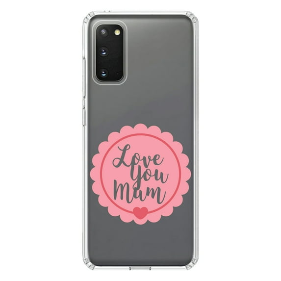 DistinctInk Clear Shockproof Hybrid Case for Galaxy S20 / S20 5G (6.2" Screen) - TPU Bumper Acrylic Back Tempered Glass Screen Protector - Love You Mum - Pink Ribbon