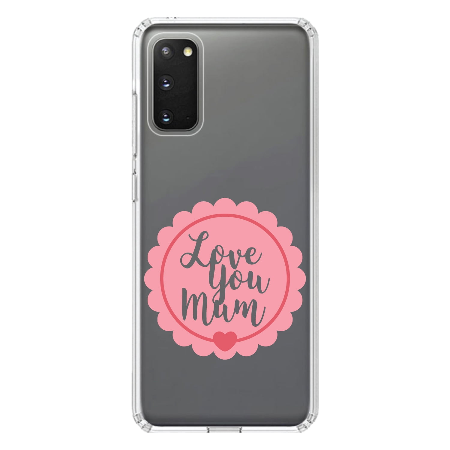 DistinctInk Clear Shockproof Hybrid Case for Galaxy S20 PLUS / 5G (6.7 Screen) - TPU Bumper Acrylic Back Tempered Glass Screen Protector - Love You Mum - Pink Ribbon