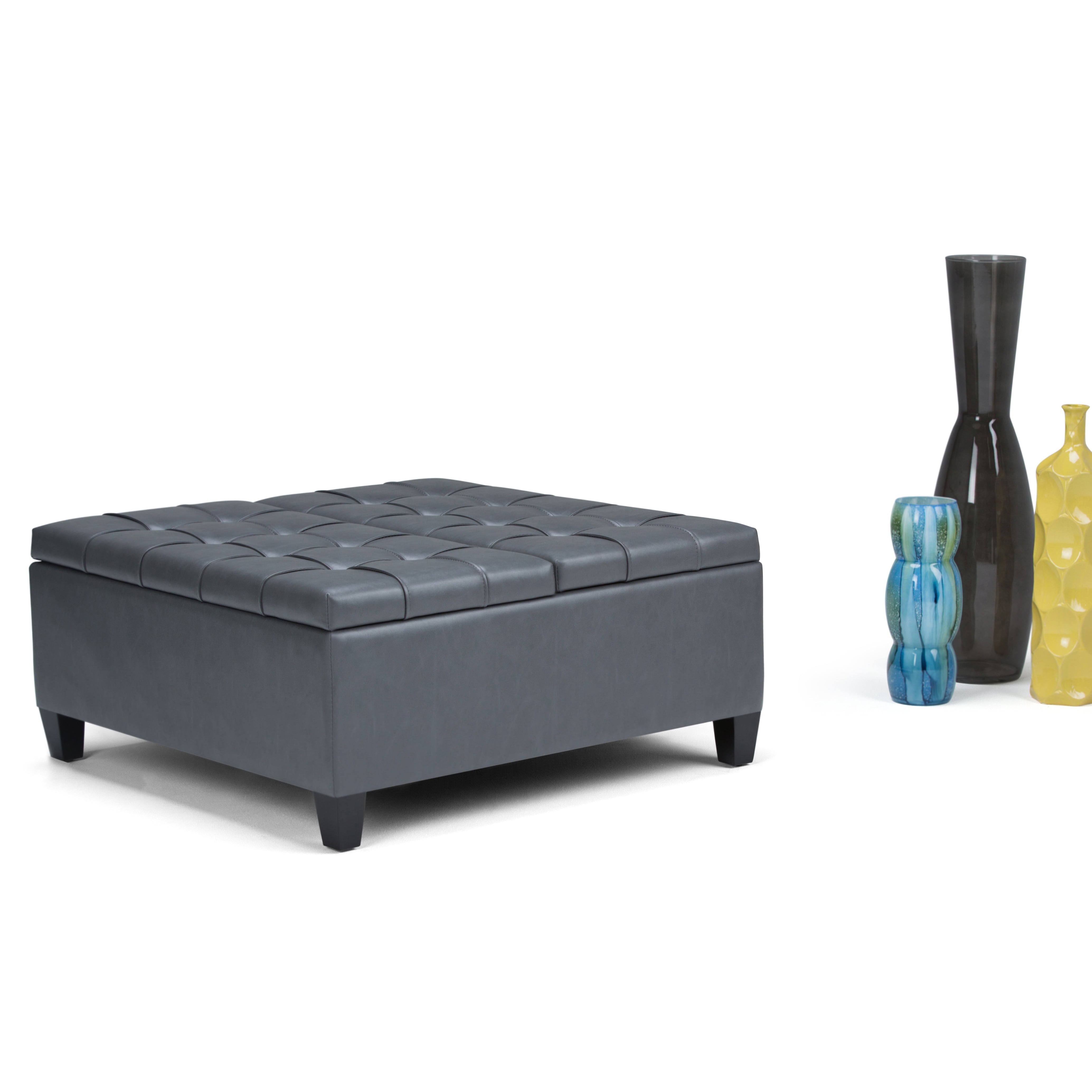 Simpli Home Harrison 36 inch Wide Transitional Coffee Table Storage Ottoman in Stone Grey Vegan Leather