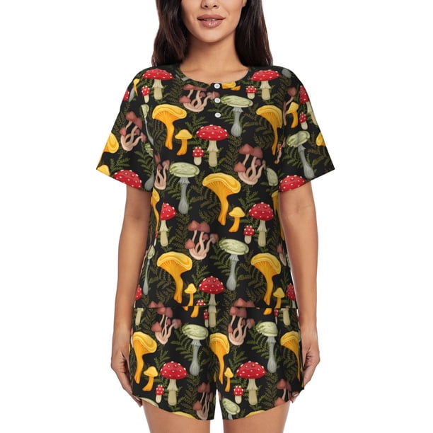 Fotbe Mushrooms And Fern Stems Conjunto de Pijama Estampado para Mujer, 2 Piezas, Ropa de Dormir con Camiseta de Manga Corta y Shorts Suaves-Large