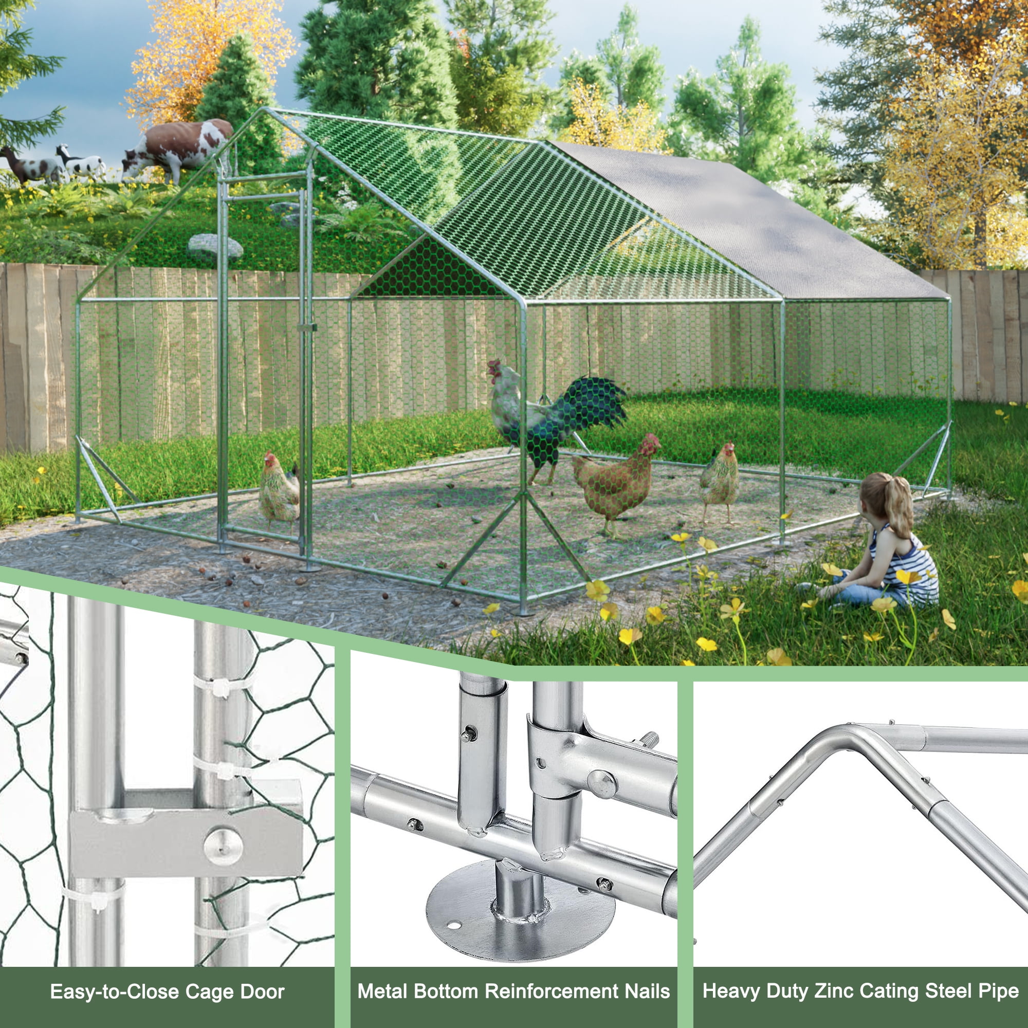 MAYEERTY 10'x13'x6.6' Metal Chicken Coop Walk-in Poultry Pen w/UV-Proof Cover for Backyard Farm