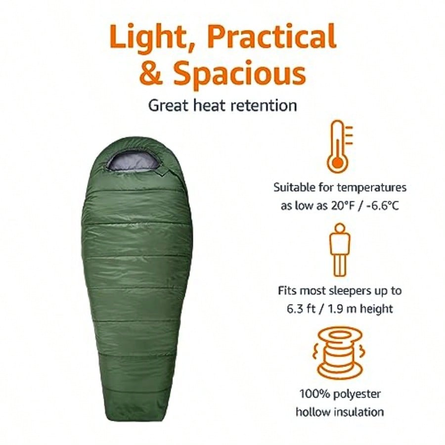 20F Cold Weather Mummy Sleeping Bag 82 Inches X 33 Inches Olive Green