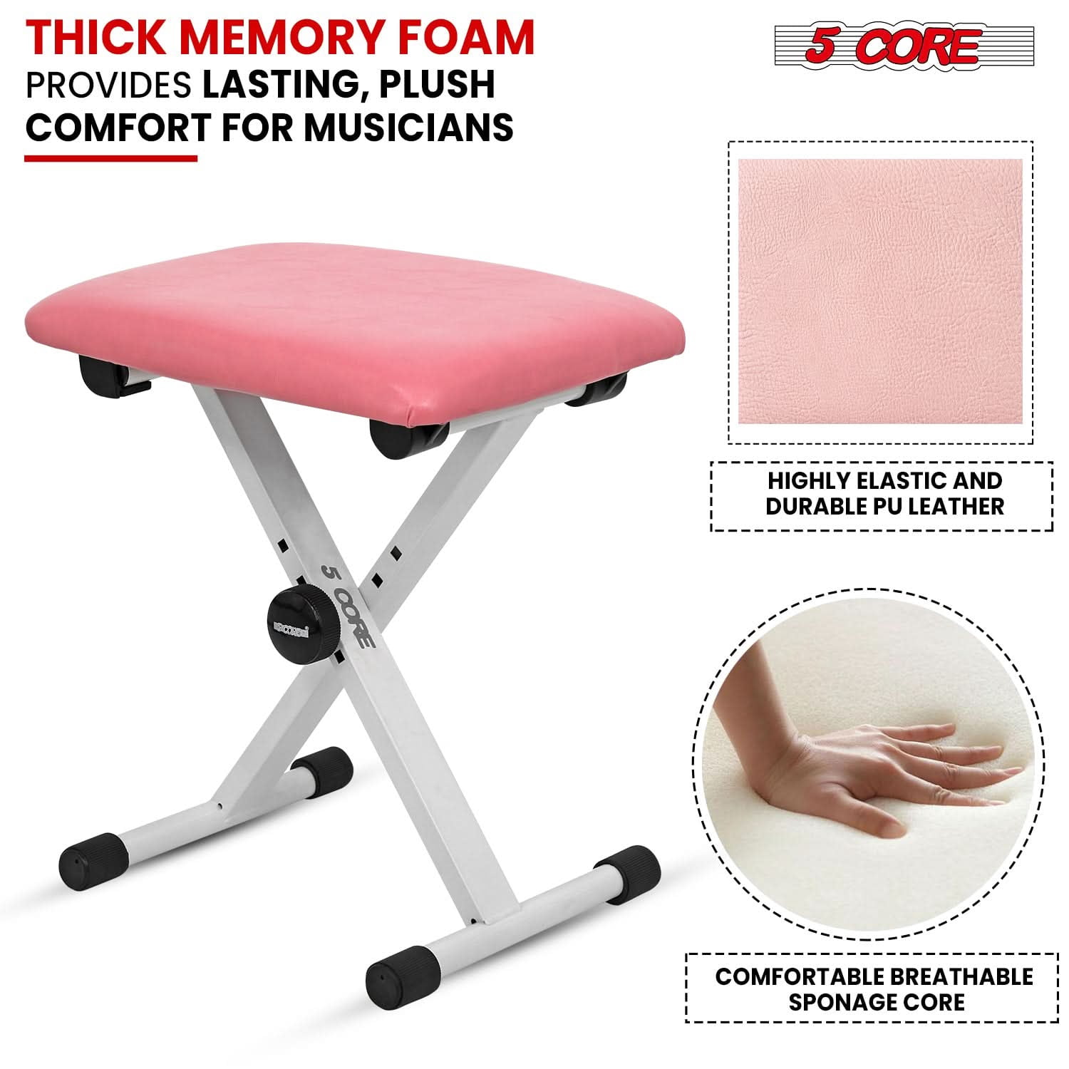 5 Core Keyboard Bench 2 Inch Padded Cushioned Piano Stool Height Adjustable 19" Guitar Seat Portable