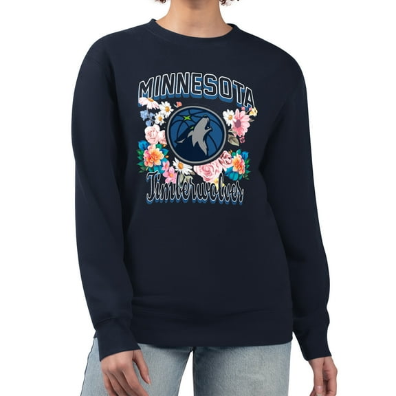 Women's G-III 4Her by Carl Banks Navy Minnesota Timberwolves Flowers Team Logo Graphic Fleece Crewneck Pullover