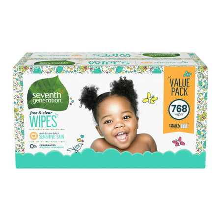 Seventh Generation Sensitive Baby Wipes with Flip-Top Dispenser, Free & Clear, 768 count