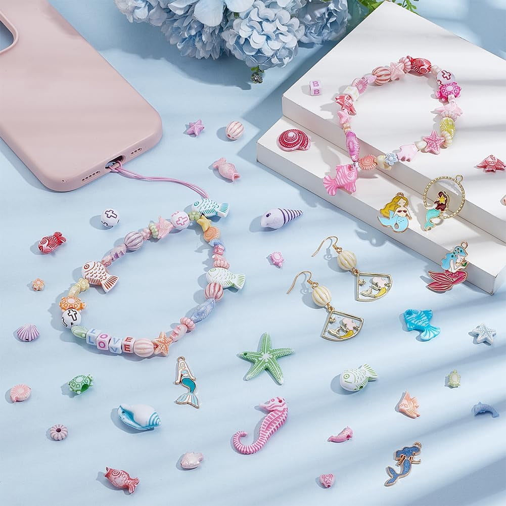 PH 900pcs 25 Styles Ocean Jewelry Making Kit Starfish Seashell Beads Turtle Fish Beads Beads Charms Heart Round Flower Spacer Beads for DIY Jewelry Making Bracelet Earring Necklace colorful