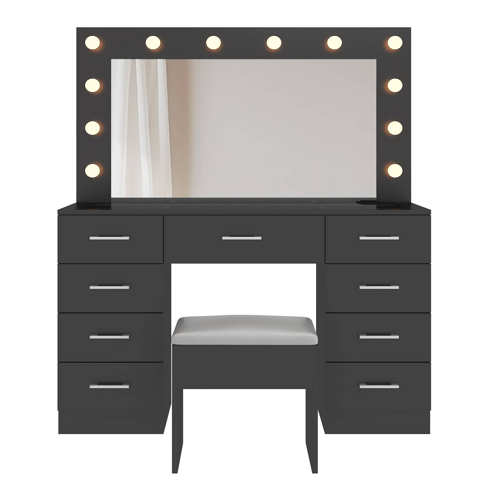 Zimtown Makeup Vanity Desk with Large Mirror & Charging Station, Vanity Table with 9 Drawers & Visible Glass Top, Bedroom Dressing Table, Black