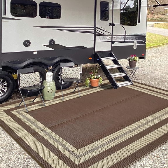 8x10 Ft Outdoor Rug Patio Stain Resistant Foldable Pet Friendly Modern Geometric Brown Beige