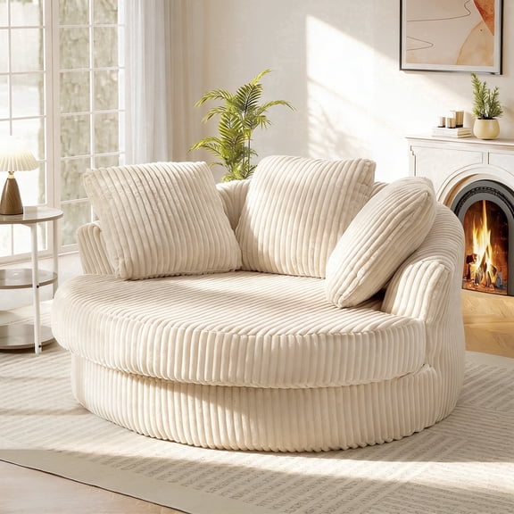 Muumblus 61" Oversized Round Boneless Lounge Chaise Chair Indoor, Corduroy Deep Seat Cloud Couch Sleeper Sofa Bed with 3 Pillows, No Assembly Barrel Chair for Living Room, Beige