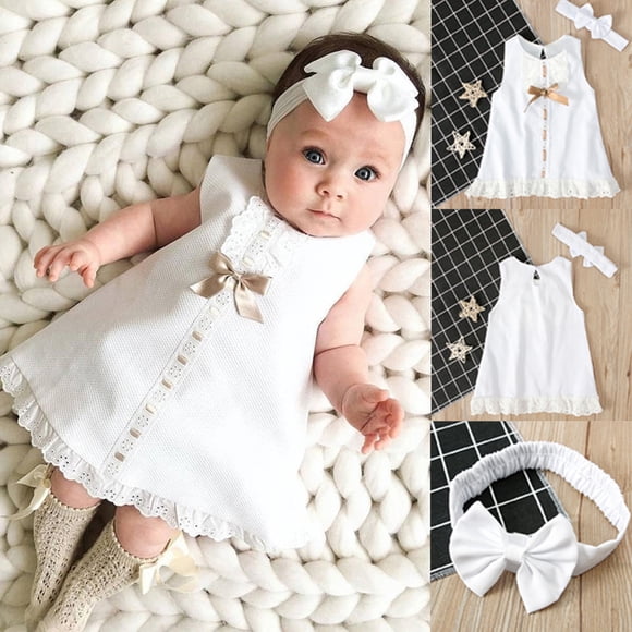 WIFORNT Ensemble de Vêtements d'Été pour Bébé Fille, Robe Princesse Sans Manches en Dentelle à Volants + Bandeau Nœud Élastique