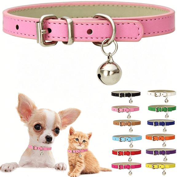 GASTROPOD Pink XS Dog Collar with Bell, Soft Pu Leather Cat Collars Adjustable Buckle for XXS Extra Small Medium Tiny Female Girl Pets Puppy Kitten Teacup Yorkie X-Small