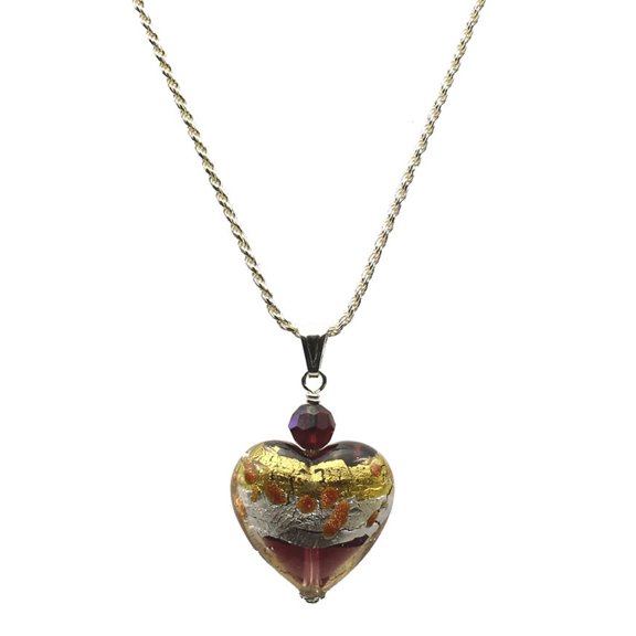 Purple Murano-style Glass Heart Pendant Sterling Silver Diamond-Cut Rope Chain Necklace 20"