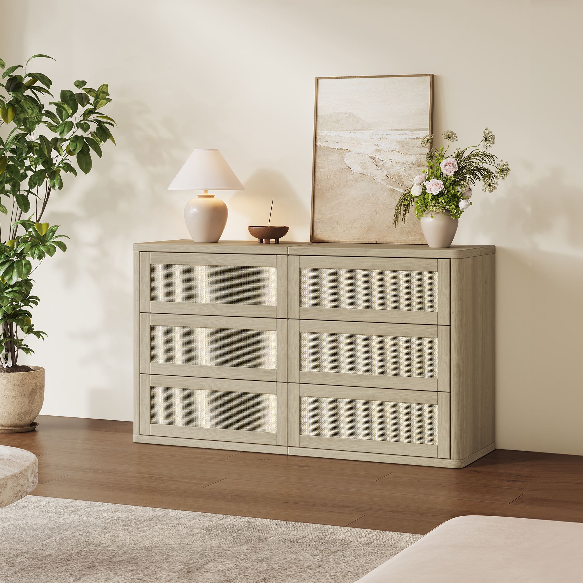 SICOTAS 53.6" Wide 6 Drawer Modular Rattan Dresser for Bedroom, Long Chest of Drawers with Pop-Up Drawers%& Unique Rattan Design, Amber Oak