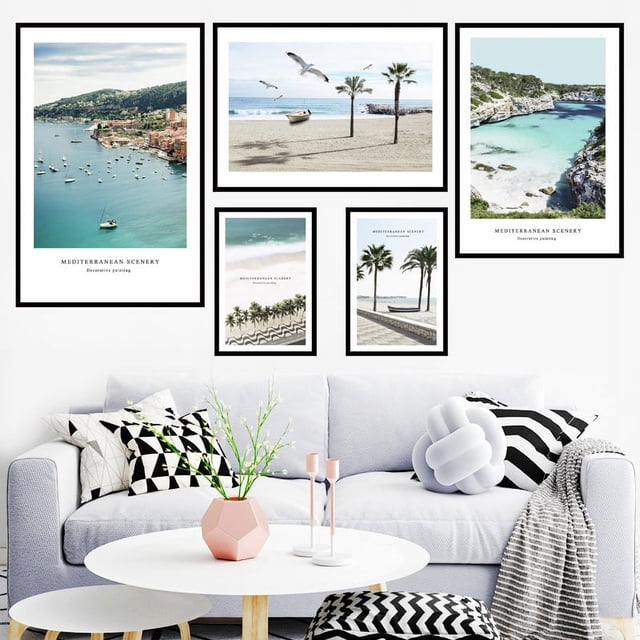 Un conjunto de vinilos decorativos con marco, vinilos decorativos para pared con paisajes de playa.
