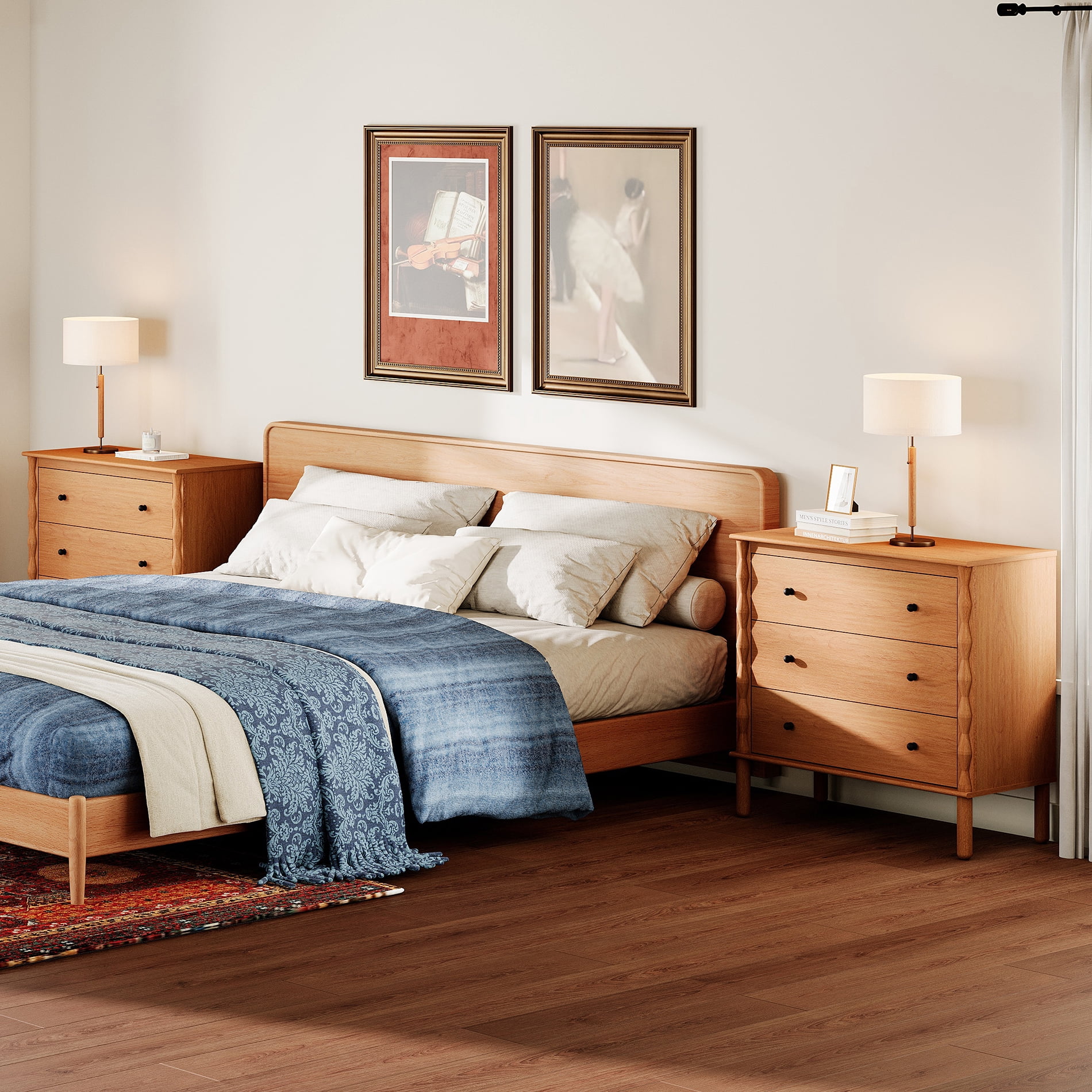 WAMPAT Set of 2 Drawer Nightstand with Solid Wood，Hand‑Carved Design Bedside Table for Bedroom,Walnut