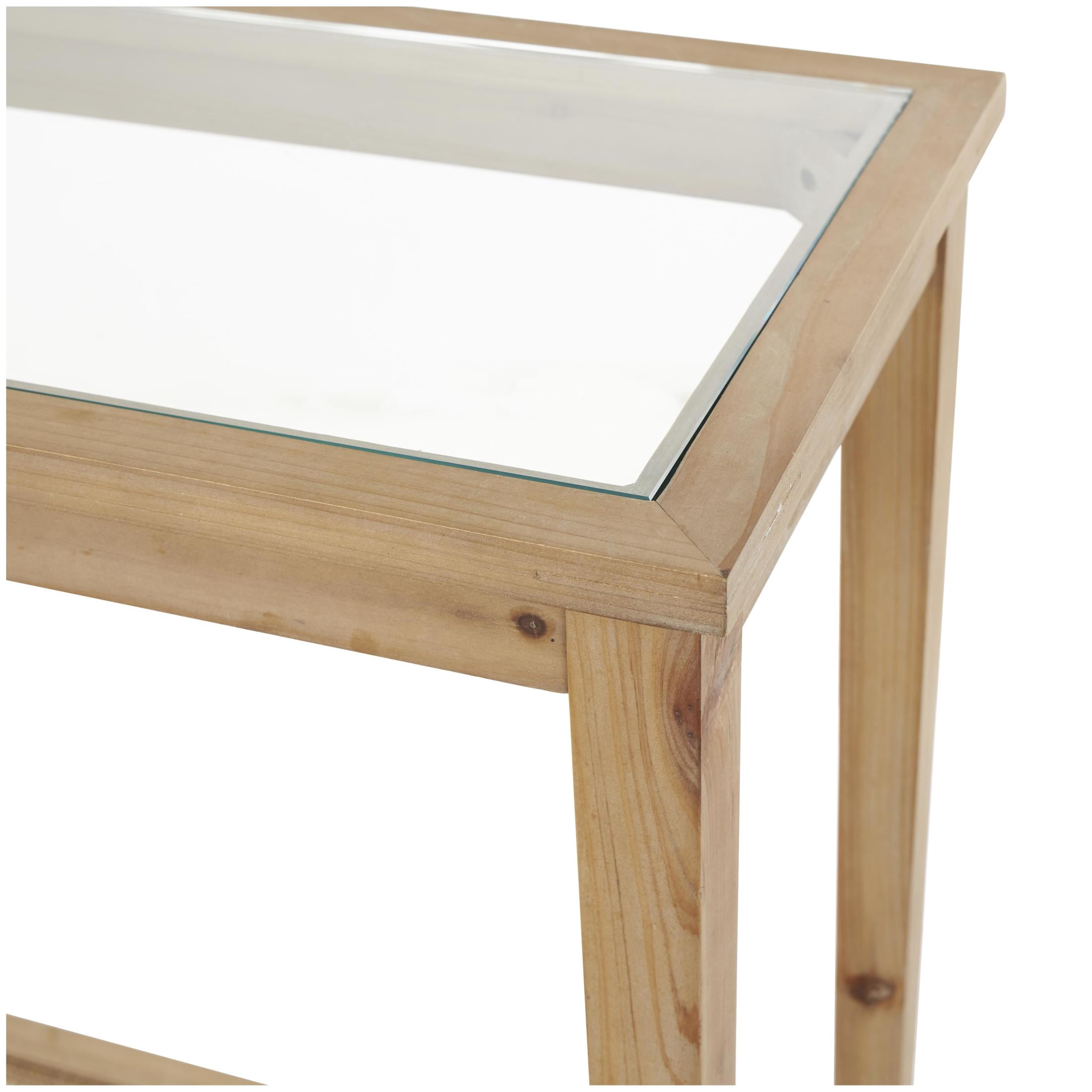 DecMode 47" x 32" Brown Wood Slim Natural Console Table with Glass Top and Rattan Shelf, 1-Piece