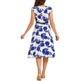 thumbnail image 3 of INSPIRE CHIC Women's Floarl Boat Neck Cap Sleeve Belt A-Line 50s Vintage Midi Dresses XL White Blue, 3 of 6
