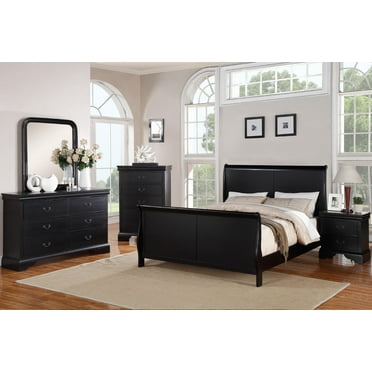 Gorgeous Black 3pc Beautiful Louis Philippe Style Queen Size Sleigh Bed and 2x Nightstand Set Wooden Bedroom Furniture