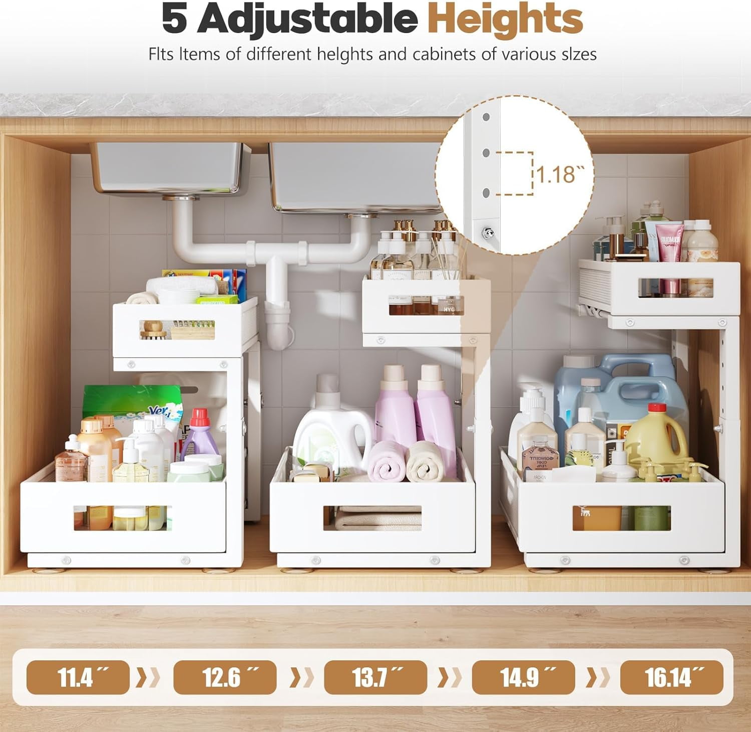 2 Pack 17IN Depth Under Sink Storage Organizer, Large 2-Tier Elegant Mesh Pull Out Shelf for Kitchen and Bathroom Cabinet Organization, L-Shaped and Adjustable Height Design-Gun Gray