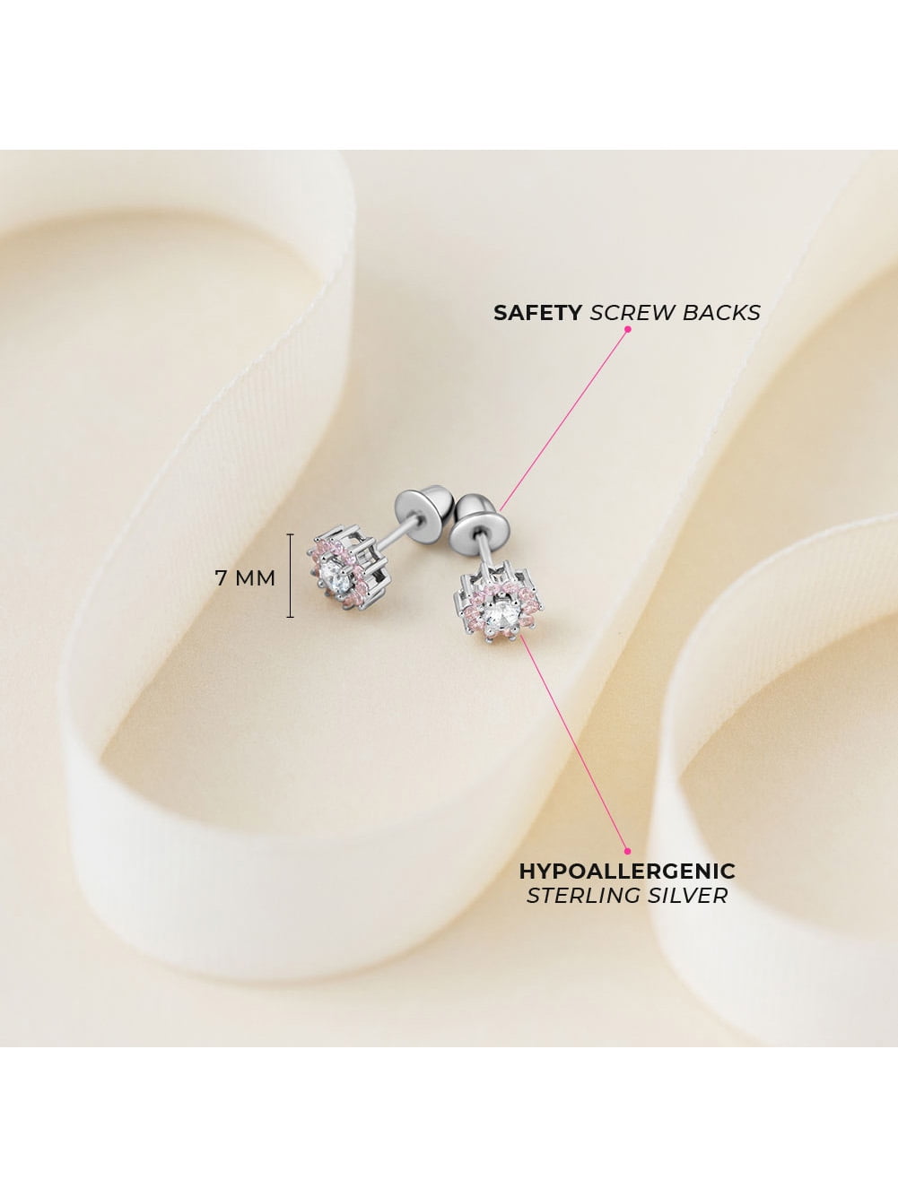 Pink & Clear CZ Flower Kids / Girls Earrings Screw Back - Sterling Silver