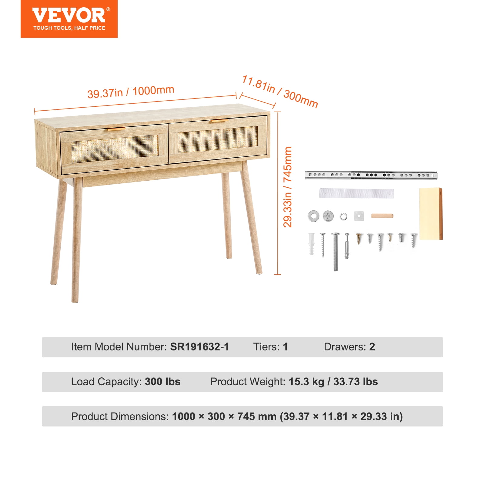 VEVOR Rattan Console Table with 2 Storage Drawers, Rattan Entryway Table with Natural Rattan Sliding Door, Console Sofa Table for Living Room, Study, Entryway Or TV Wall, Natural