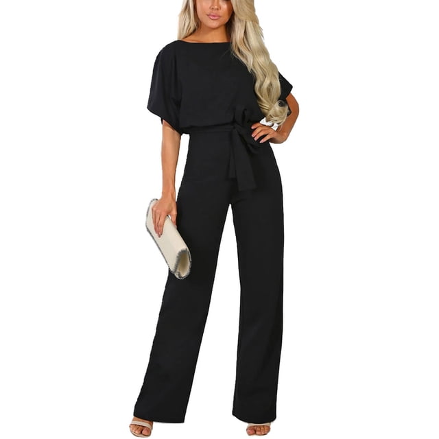 Guardurnaity Mono de mujer de manga corta con cuello , mono de trabajo para vacaciones en la playa, mono con cinturón, mono de primavera, ropa conjuntos de ropa Negro XXL