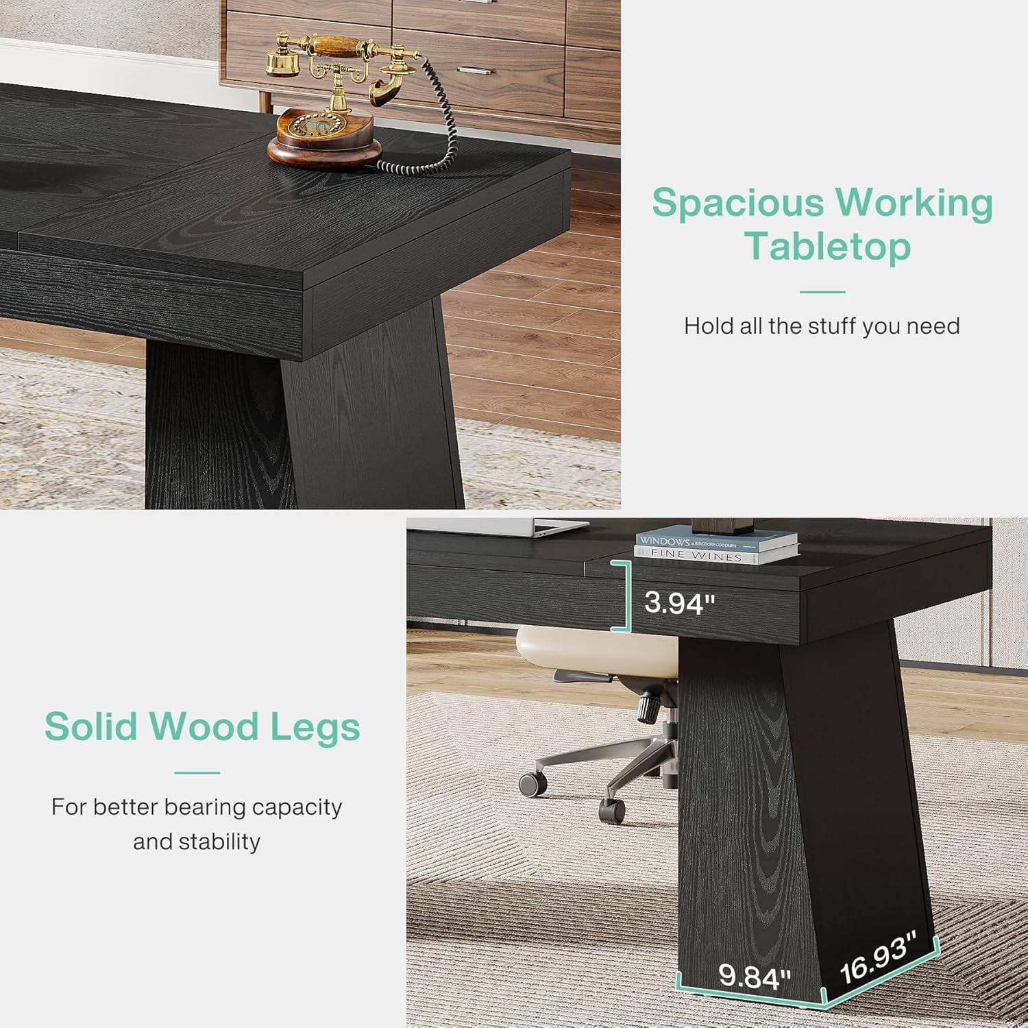 Tribesigns 55 Inches Executive Desk, Mid-Century Modern Home Office Desk with Double Trapezoid Base