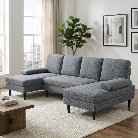 CONCETTA U Shaped Sectional Sofa Couches with Double Chaise 4-Seat Set, Chenille Fabric Cushion for Living Room Home Furniture, Dark Grey