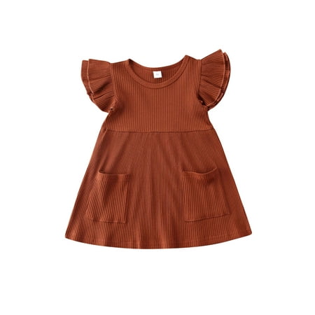 

Summer Toddler Baby Girls Holiday Cute Dress Solid Ruffles Sleeve Pocket Knee Length A-Line Dress Coffee 18-24 Months
