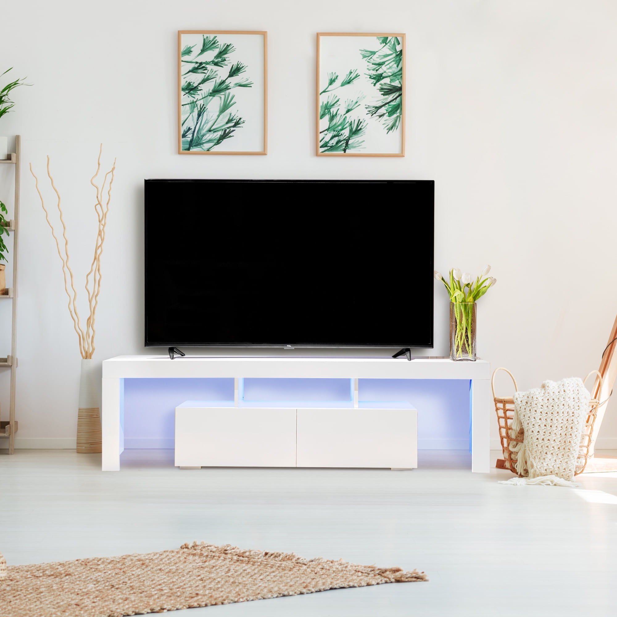 Details about   63" High Gloss TV Stand Unit Entertainment Center LED Shelf 2 Large Drawer White 